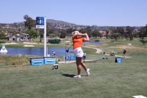 Ellie Bushnell of Oklahoma State teeing off on hole 1.