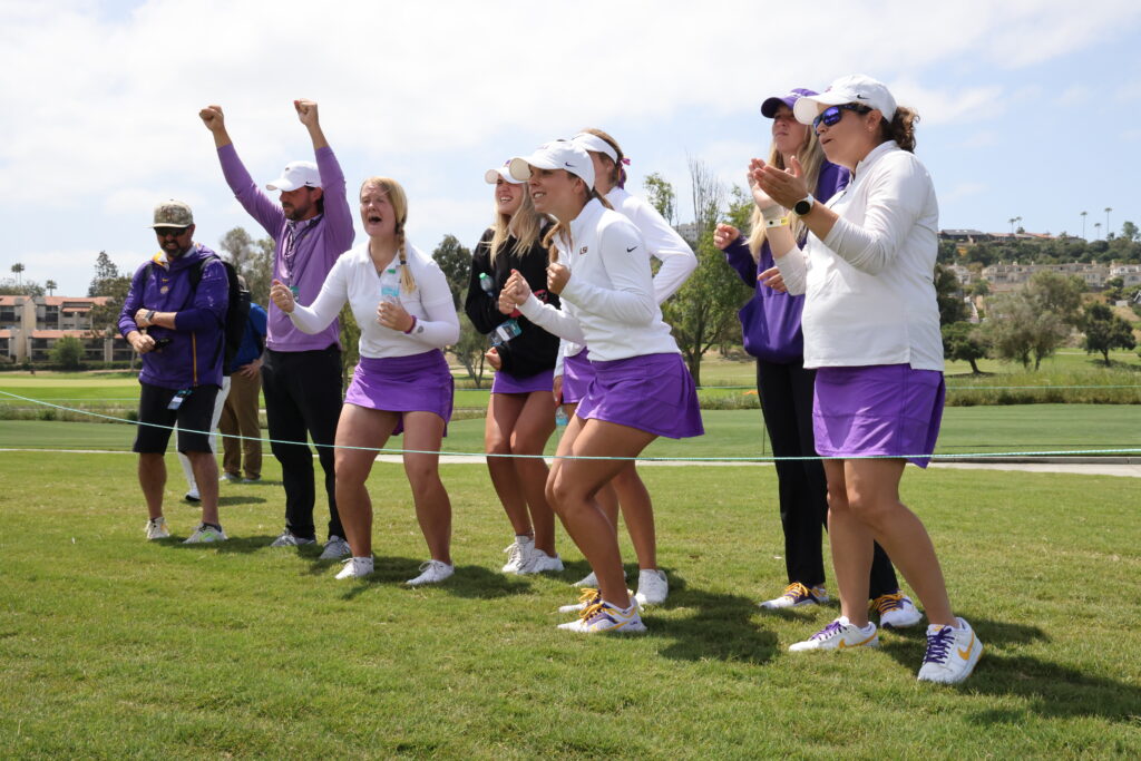 Ingrid Lindblad and LSU's golf team cheer on teammate Aine Donegan in NCAA Championship match play quarterfinals.