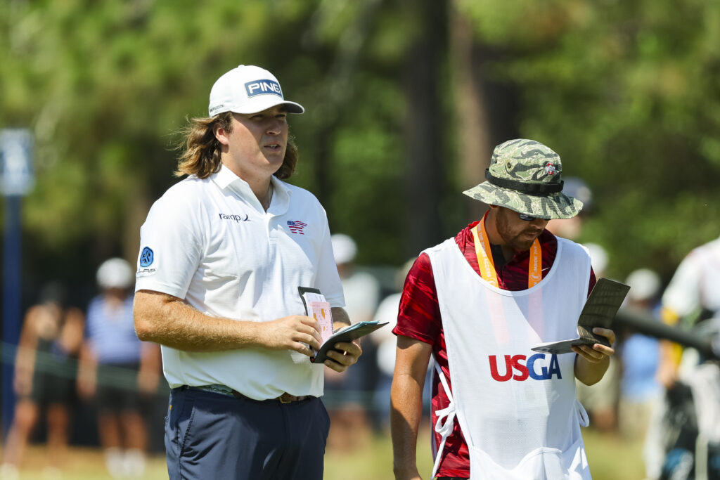 Neal Shipley and his caddie wait to tee off on the second hole during the third round of the 2024 U.S. Open at Pinehurst Resort & C.C. (Course No. 2) in Village of Pinehurst, N.C. on Saturday, June 15, 2024. (Jeff Haynes/USGA)