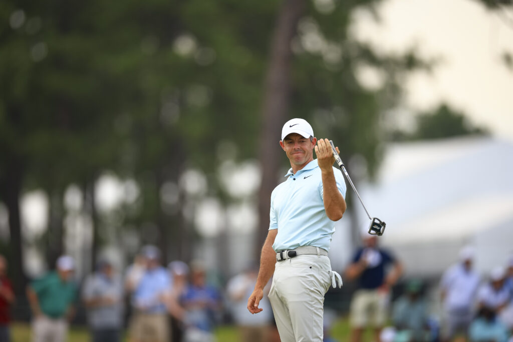 Rory McIlroy reacts to a missed putt on the 11th hole during the final round of the 2024 U.S. Open at Pinehurst Resort & C.C. (Course No. 2) in Village of Pinehurst, N.C. on Sunday, June 16, 2024. (Kathryn Riley/USGA)