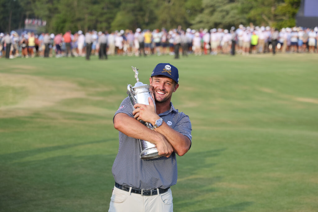 Bryson DeChambeau poses with the trophy after winning the 2024 U.S. Open at Pinehurst Resort & C.C. (Course No. 2) in Village of Pinehurst, N.C. on Sunday, June 16, 2024. (Jeff Haynes/USGA)