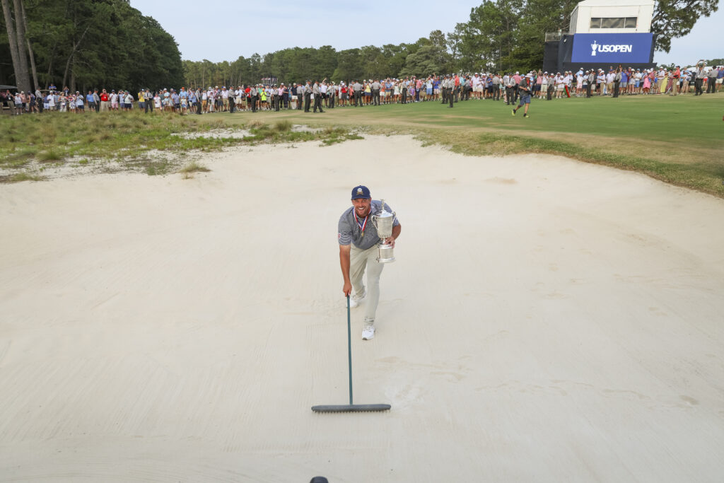 Bryson DeChambeau poses with the trophy after winning the 2024 U.S. Open at Pinehurst Resort & C.C. (Course No. 2) in Village of Pinehurst, N.C., on Sunday, June 16, 2024. (Jeff Haynes/USGA)