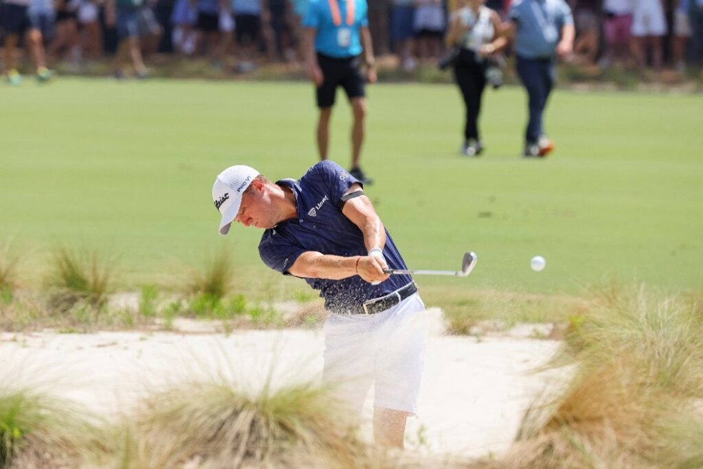 Justin Thomas plays a bunker shot on the seventh hole during a practice round ahead of the 2024 U.S. Open at Pinehurst Resort & C.C. (Course No. 2) in Village of Pinehurst, N.C., on Wednesday, June 12, 2024.