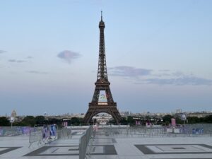 Eiffel Tower with 2024 Paris Olympic Rings from the Trocadero.