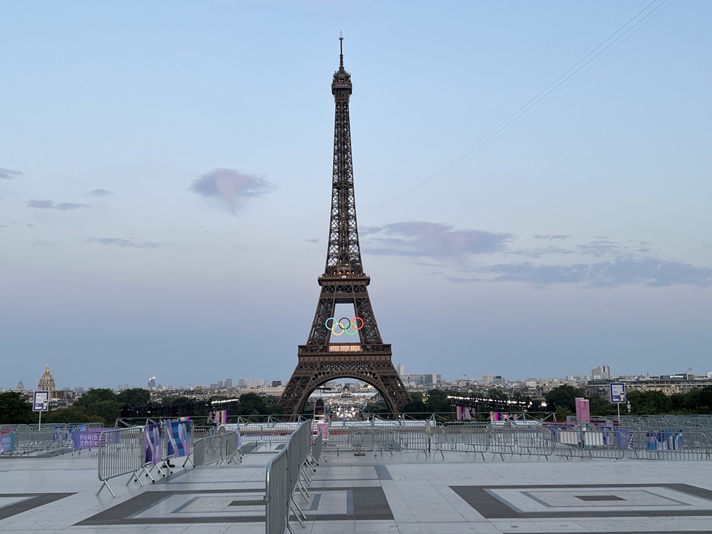 Eiffel Tower with 2024 Paris Olympic Rings from the Trocadero.