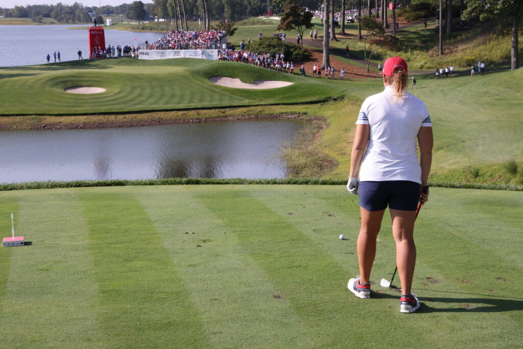 Lauren Coughlin visualizes her shot on Hole #11.