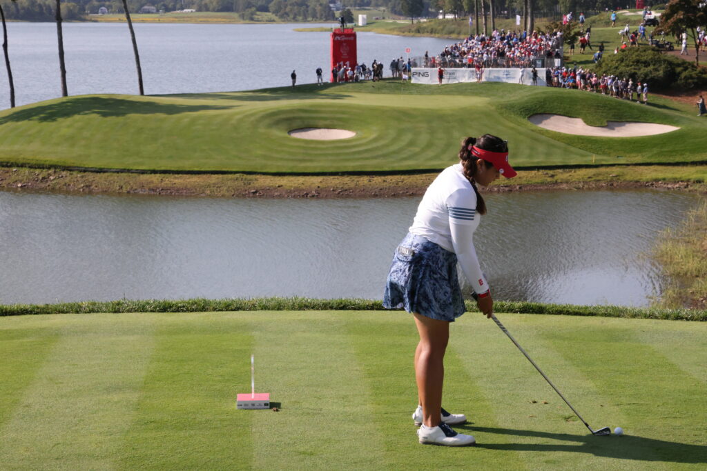 Lilia Vu goes through her pre-shot routine on Hole #11.