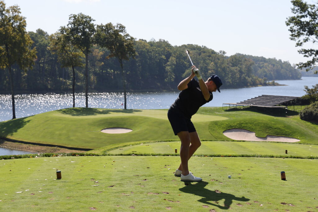 D.C. United's Lucas Bartlett tees off Hole 11 in the Foundation's golf fundraiser.