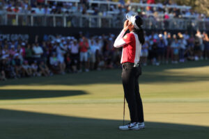 Jeeno Thitikul of Thailand reacts after making a putt for birdie on the 18th green to win the CME Group Tour Championship at Tiburon Golf Club. Photo by Scott Taetsch / Getty Images.