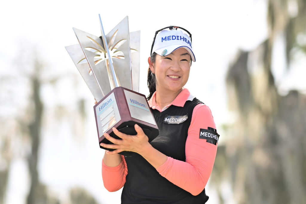 A Lim Kim shows off her trophy from the Hilton Grand Vacations Tournament of Champions.