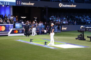 NYGC's Xander Schauffele watches his shot on the big screen at the TGL match vs. Boston Common.