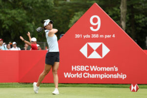 ydia Ko of New Zealand tees off on the ninth hole during Day Three of the HSBC Women's World Championship 2025 at Sentosa Golf Club in Singapore.