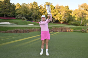 Madelene Sagstrom of Sweden poses with the trophy after winning the Final on Day Five of the T-Mobile Match Play presented by MGM Rewards 2025.