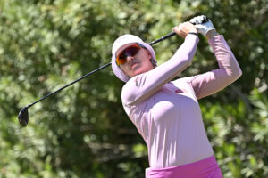 Madelene Sagstrom plays her shot from the second tee during the final of the 2025 T-Mobile Match Play presented by MGM Rewards