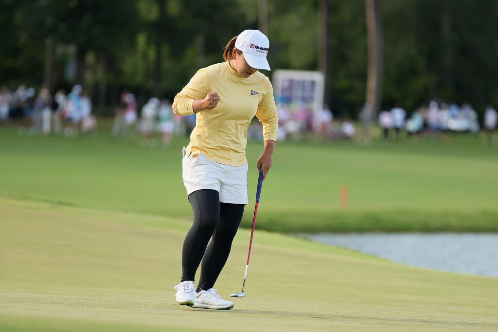 Mao Saigo reacts after making birdie on the 18th green during the final round of The Chevron Championship 2025.
