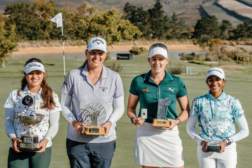 (From left to right): Gia Raad (winner of the Jackie Mercer trophy for the leading amateur), Perrine Delacour (winner of the Investec South African Women's Open), Casandra Alexander (Investec Order of Merit champion) and Kaiyuree Moodley (The R&A Rookie of the Year on the Sunshine Ladies Tour). CREDIT: Sunshine Ladies Tour
