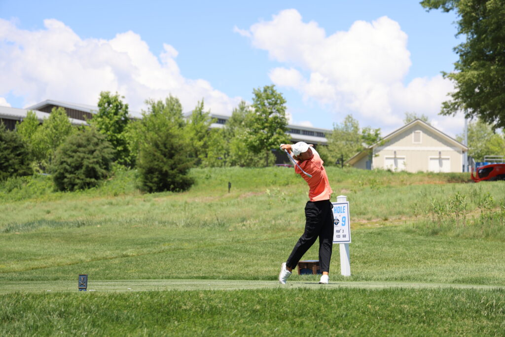 Florida's Paula Francisco tees off Hole 9, her 18th hole, tied for the lead.