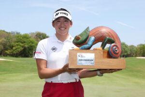 Chisato Iwai of Japan poses with the trophy after the final round of the Riviera Maya Open at Mayakoba.