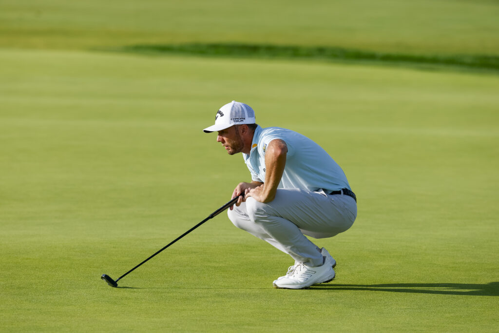 Sam Burns checks shot on the 14th hole during the third round of the 2025 U.S. Open at Oakmont Country Club.