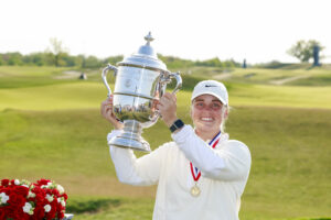 Maja Stark poses with the trophy after winning the final round of the 2025 U.S. Women's Open Presented by Ally.