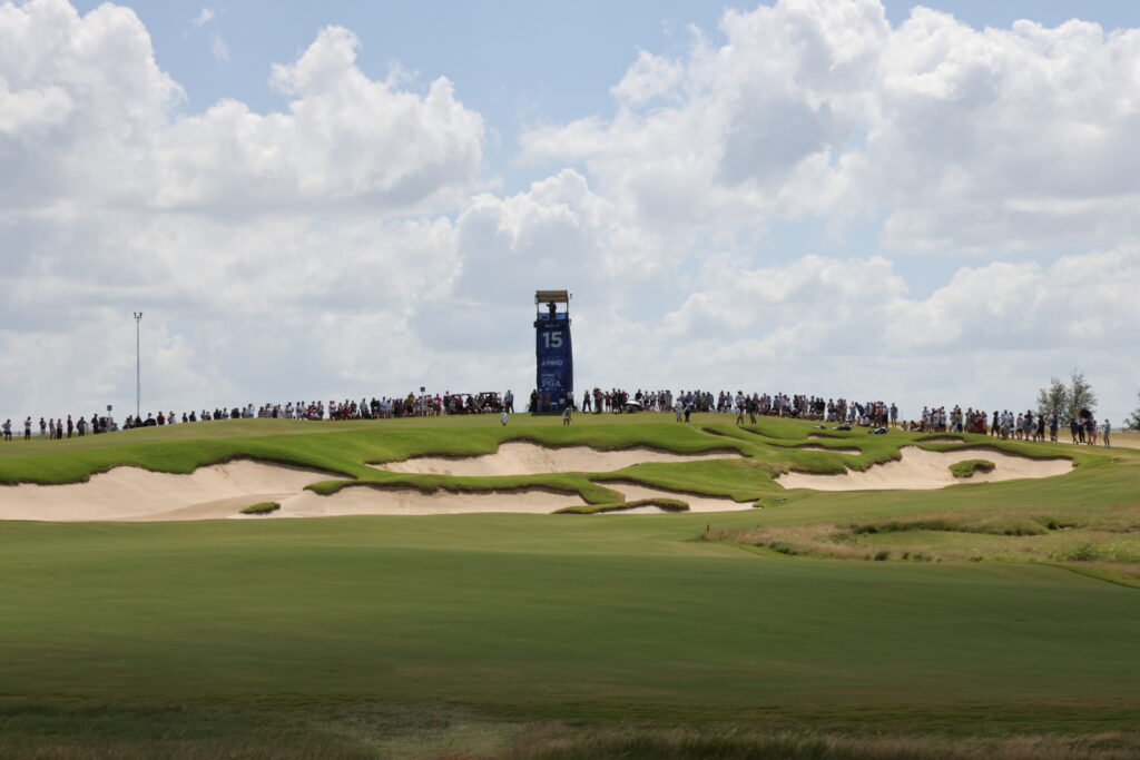 Crowds follow Nelly Korda, Lexi Thompson and Miyu Yamashita during the final round of the 2025 KPMG Women's PGA Championship.