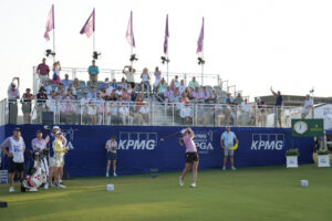 Katelyn Sepmoree hits her tee shot on the first hole during the first round of the KPMG Women's PGA Championship at Fields Ranch East at PGA Frisco.
