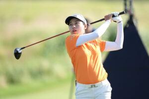 Round one leader Jeeno Thitikul hits her tee shot on the second hole of the KPMG Women's PGA Championship.