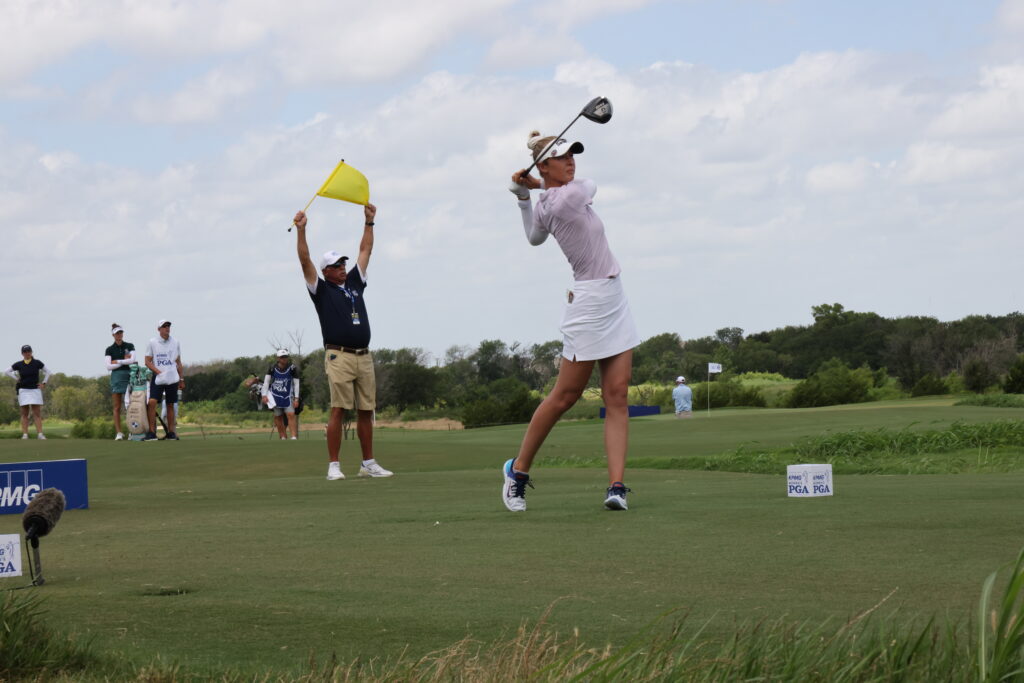 Nelly Korda tees off hole 7 in the third round of the KPMG Women's PGA Championship.