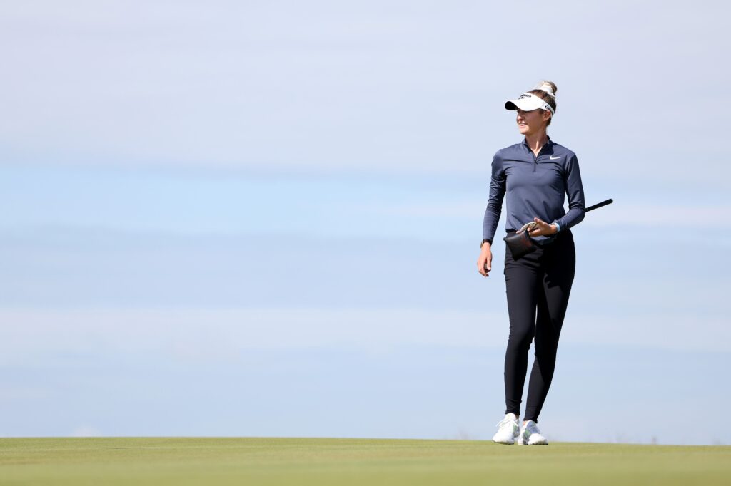 Nelly Korda looks on during practice prior to the AIG Women's Open 2025 at Royal Porthcawl Golf Club.