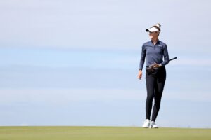 Nelly Korda looks on during practice prior to the AIG Women's Open 2025 at Royal Porthcawl Golf Club.