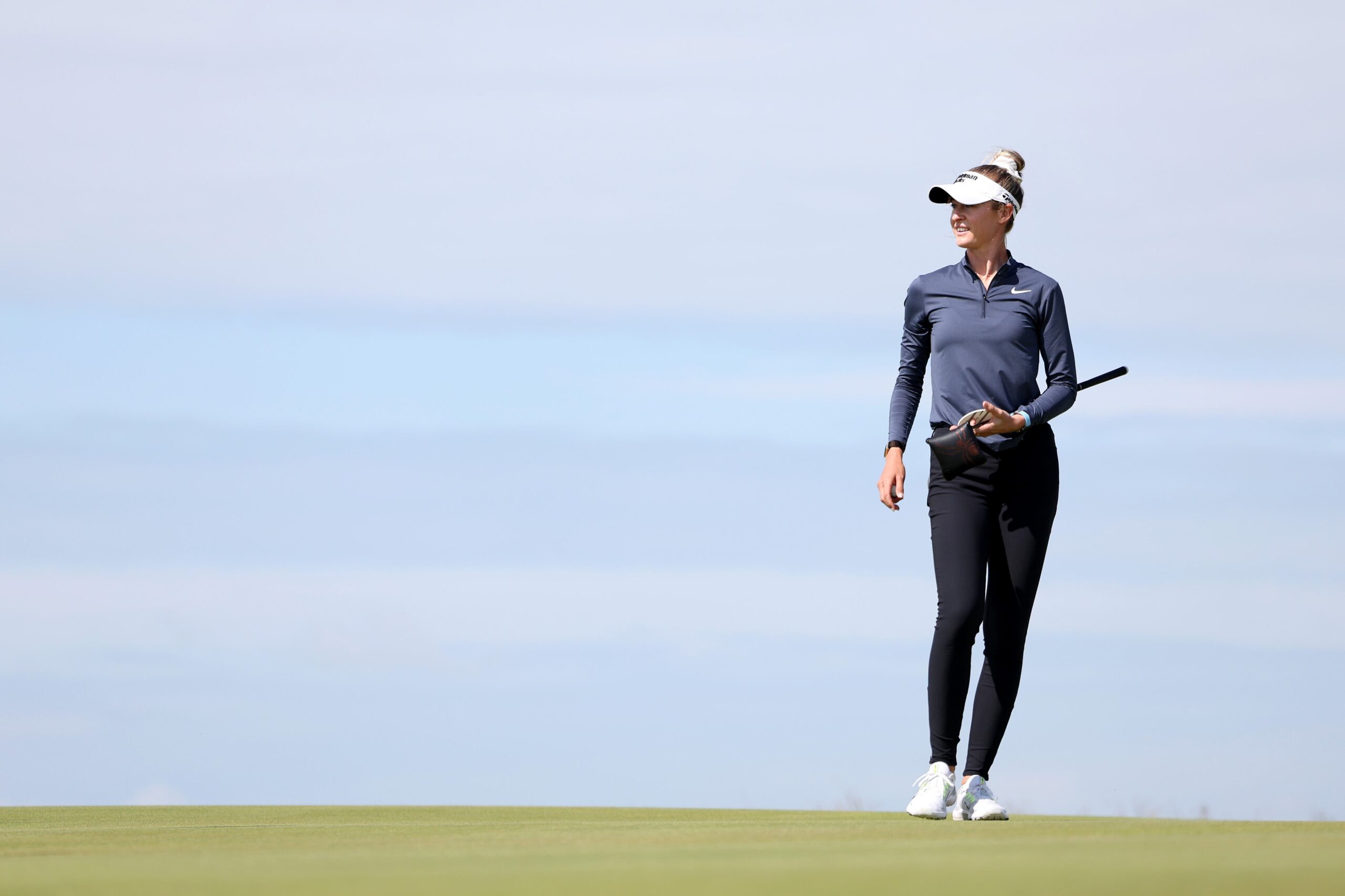 Nelly Korda looks on during practice prior to the AIG Women's Open 2025 at Royal Porthcawl Golf Club.