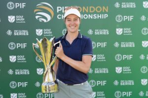 Laura Fünfstück poses with the 2025 PIF London Championship trophy.
