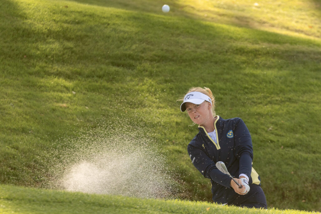 Meja Ortengren of Sweden hits a bunker shot during the final round.