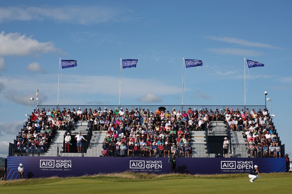 Rio Takeda lines up a putt on the 18th green during the first round of the AIG Women's Open 2025 at Royal Porthcawl Golf Club.