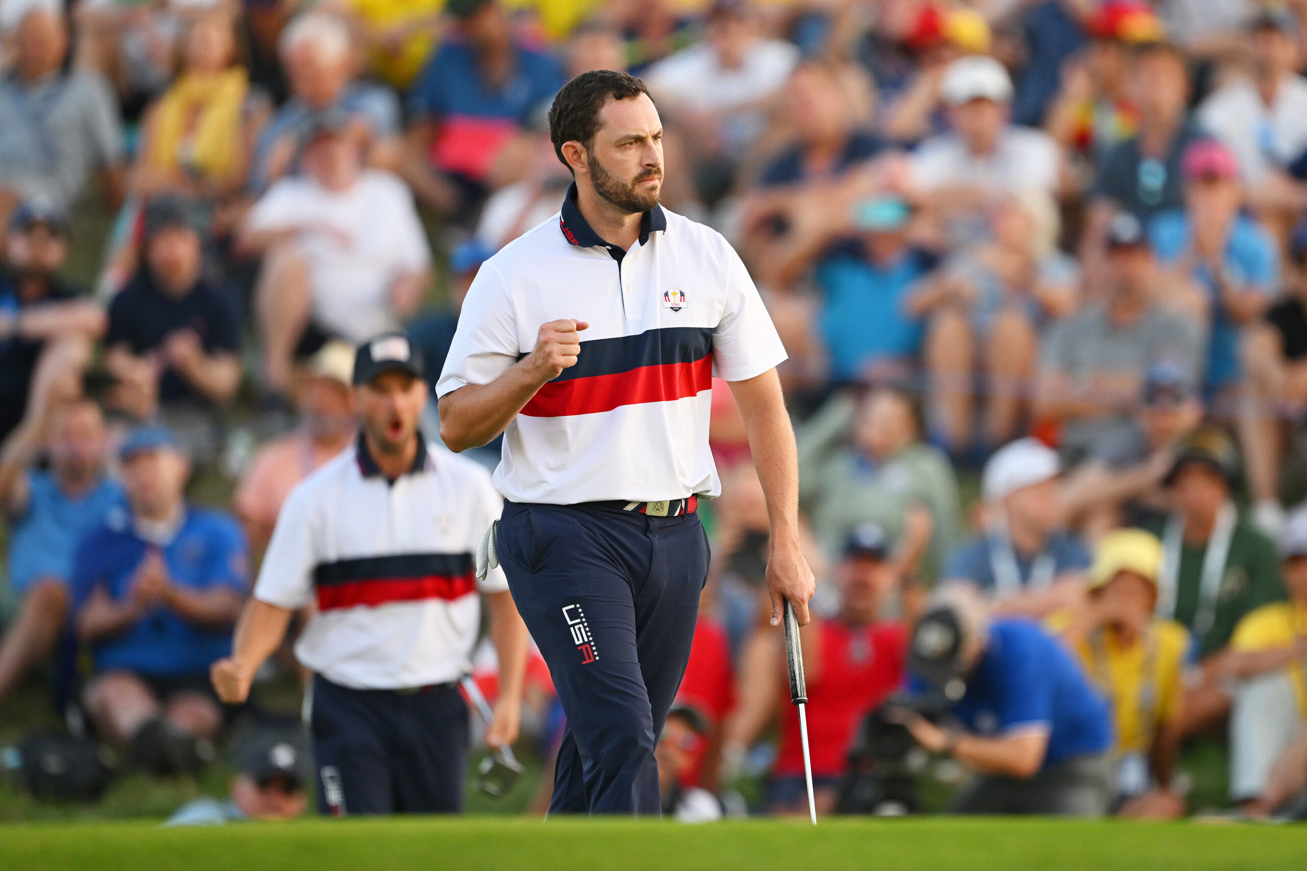Patrick Cantlay of Team USA reacts on the 17th green during the Saturday afternoon fourball matches of the 2023 Ryder Cup.