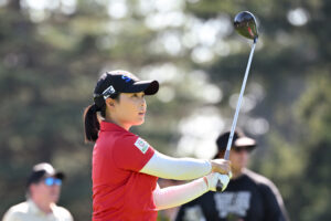 2024 Portland Classic winner Moriya Jutanugarn plays her shot from the 18th tee during the final round.