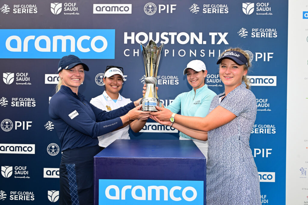 Team Kouskova celebrates their win at the Aramco Houston Championship. Team Kouskova (L-R: Sofie Kibsgaard Nielsen, April Angurasaranee, Ana Belac and Sara Kouskova).