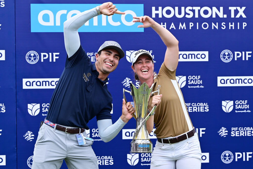 Nuria Iturrioz of Spain poses as winner of the individual portion of the 2025 Aramco Houston Championship.