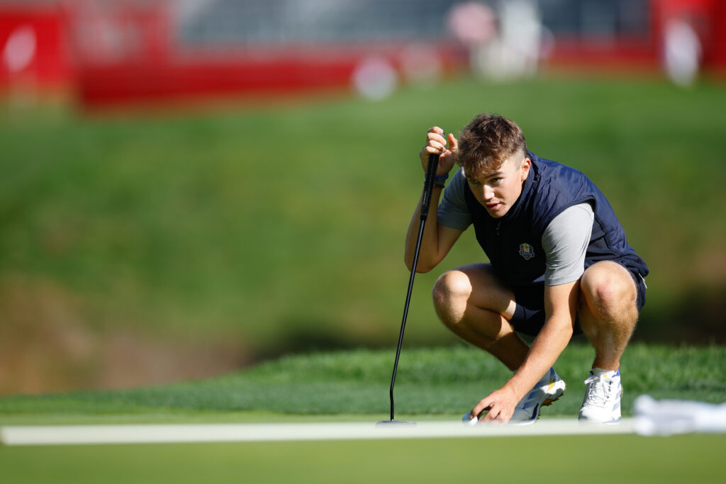Oscar Couilleau prepares to putt on hole three at a practice round during the 2025 Junior Ryder Cup.