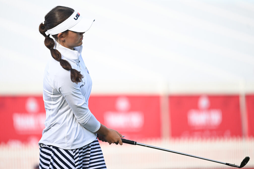 Asterisk Talley watches her shot at a practice round during the 2025 Junior Ryder Cup.