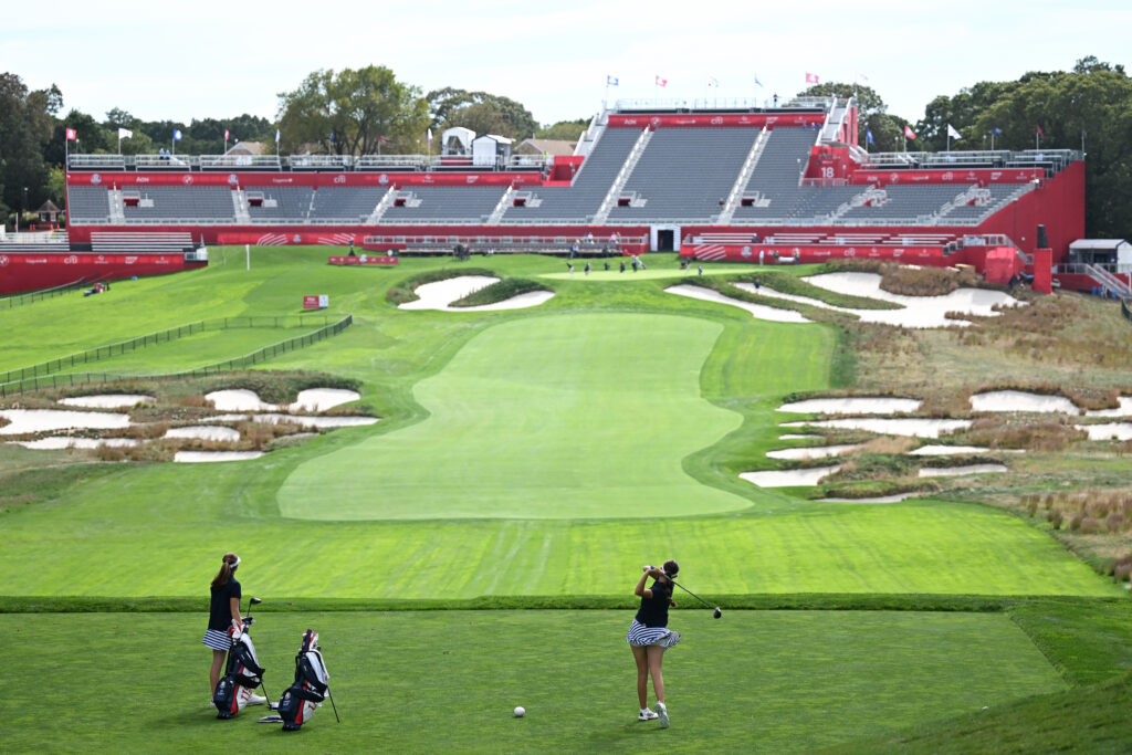 tee shot on the 18th hole at a practice round during the 2025 Junior Ryder Cup.