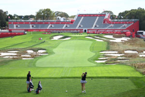 tee shot on the 18th hole at a practice round during the 2025 Junior Ryder Cup.