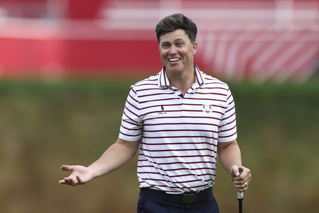 Colin Jost reacts on the 14th hole during the All-Star Match.