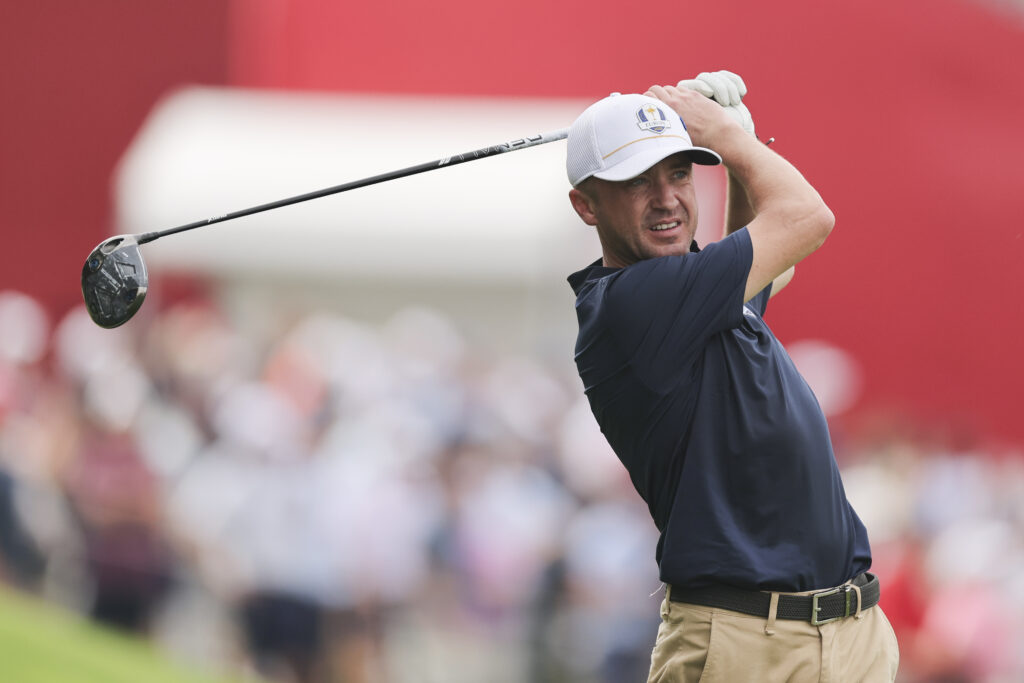 Harry Potter's Tom Felton hits his tee shot on the 15th hole during the All-Star Match.