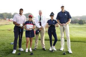 (From left to right) Michael Strahan, Miranda Lambert, Cary Collins, Catherine Zeta-Jones and Pau Gasol pose for a photo during the All-Star Match on the Black Course during the 2025 Ryder Cup.