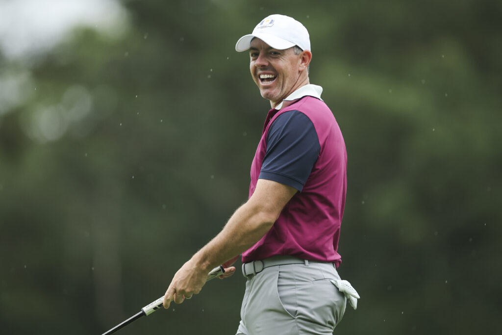 Rory McIlroy of Team Europe reacts on the third hole during the 2025 Ryder Cup Practice Round. 