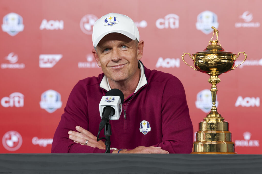 Team Europe Captain Luke Donald sits for a media interview after announcing the 2025 Ryder Cup pairings. 