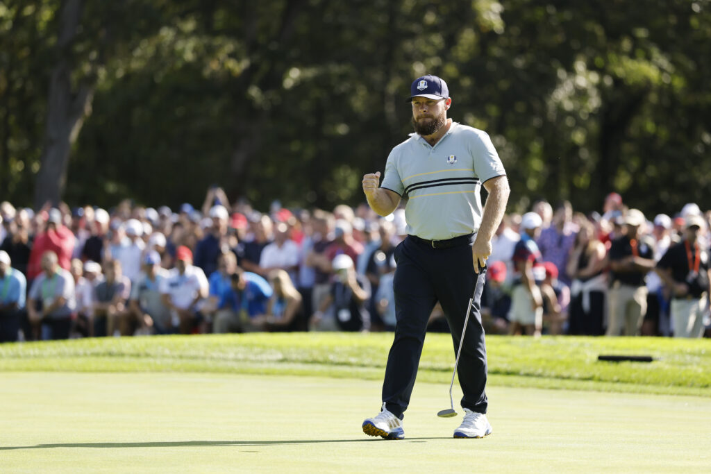 Tyrrell Hatton of Team Europe reacts to his on the 13th hole during the 2025 Ryder Cup.