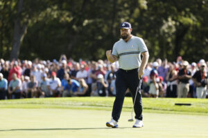 Tyrrell Hatton of Team Europe reacts to his on the 13th hole during the 2025 Ryder Cup.