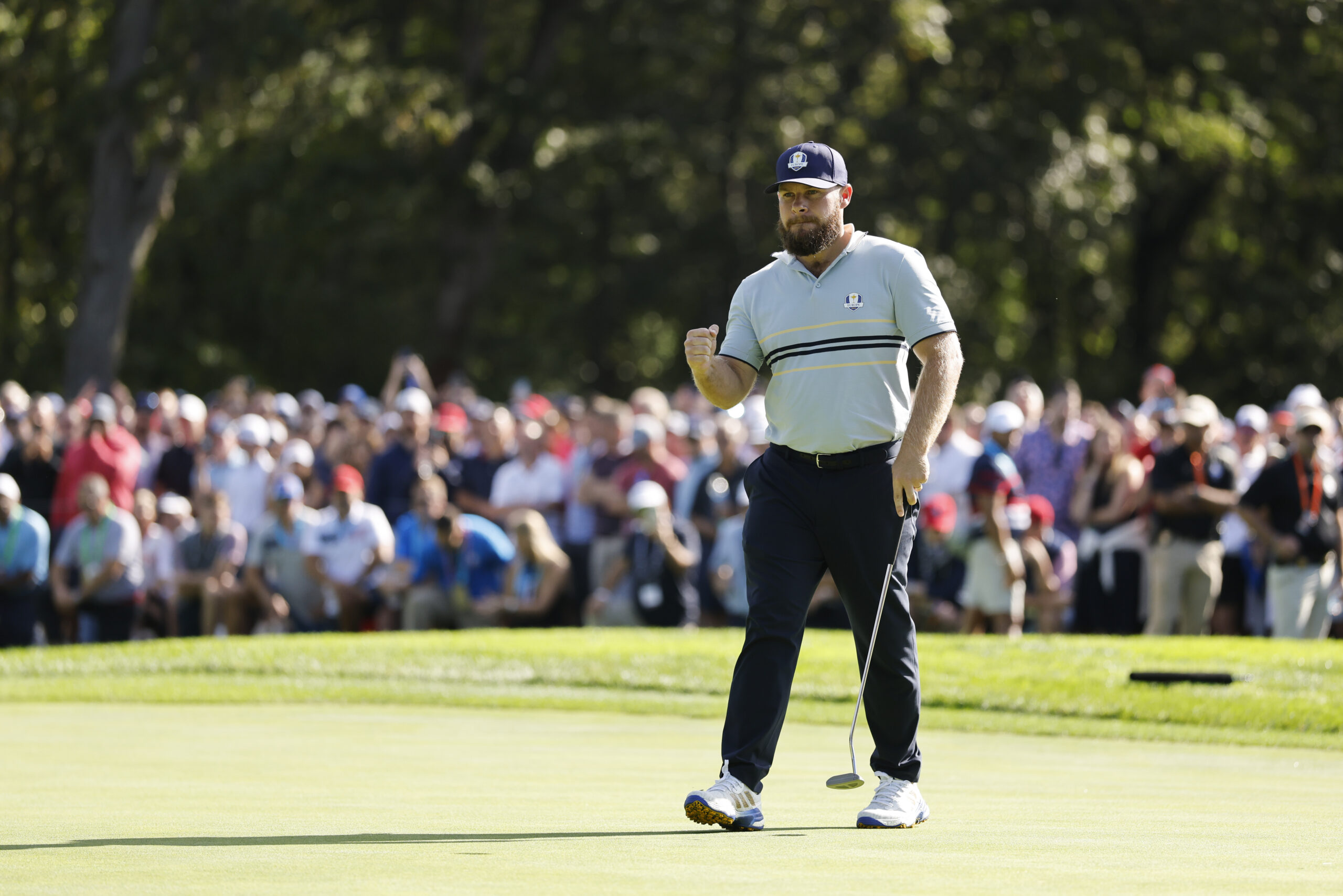 Tyrrell Hatton of Team Europe reacts to his on the 13th hole during the 2025 Ryder Cup.